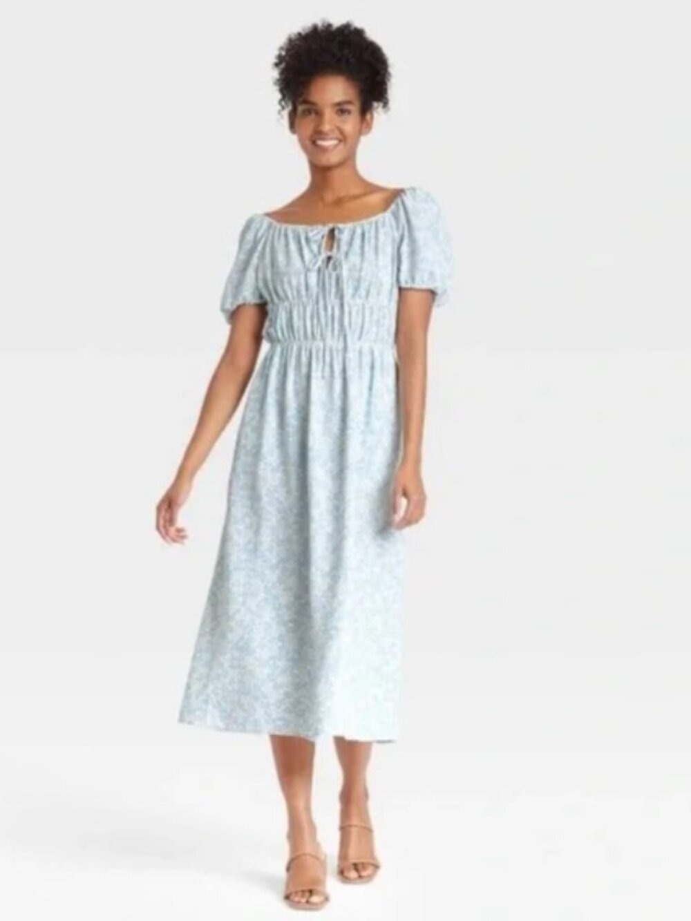 Who What Wear Pale Blue Floral Midi Dress with Tie Front Size S